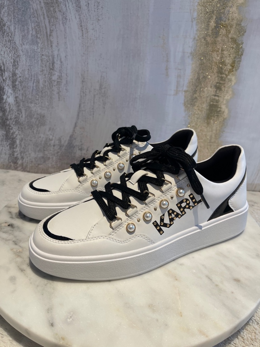 Karl Lagerfeld White and Black Pearl-Trim Sneakers - Picture 2 of 10